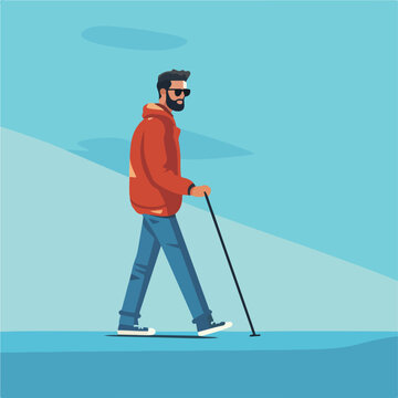 Blind man walking with walking cane on blue backgro