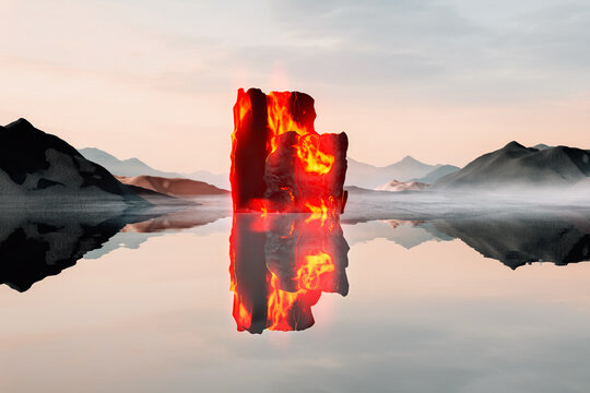 Volcanic rock with lava sitting on top of a lake