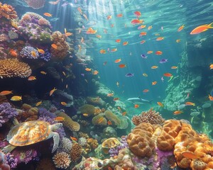 Fototapeta na wymiar Underwater Paradise: A Lively Coral Reef Teeming with Colorful Fish and Sunlight Filtering through Crystal Clear Water