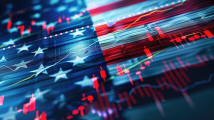 American flag overlay on financial data graphs - The American flag blends with fluctuating financial stock data symbolizing economy and patriotism