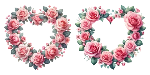 Glasschilderij Bloemen Pink rose heart-shaped wreath watercolor illustration material set