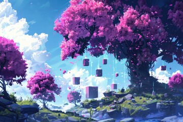 Blooming cherry trees in ethereal landscape - A digital painting depicting pink cherry blossom trees on magical floating landmasses with glowing cubes - obrazy, fototapety, plakaty
