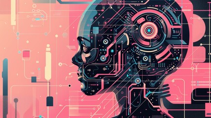 Cybernetic woman's profile with digital elements - Stunning profile of a woman merged with digital and cybernetic elements symbolizing AI and technology's impact on humanity