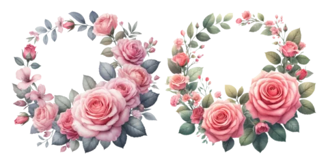 Nahtlose Fototapete Airtex Blumen Pink rose wreath watercolor illustration material set