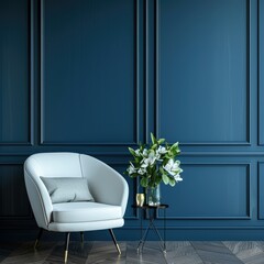 Elegant white chair in classic interior design - A modern white armchair sits against a traditional dark blue paneled wall, paired with a small side table and white lilies in a vase