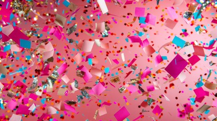 Obraz premium Vibrant confetti scattered on a cheerful pink background generative ai