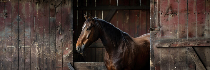 Equestrian beauty inside rustic barn door - A majestic bay horse peers out from a rustic barn, symbolizing a connection between domestication and the wild