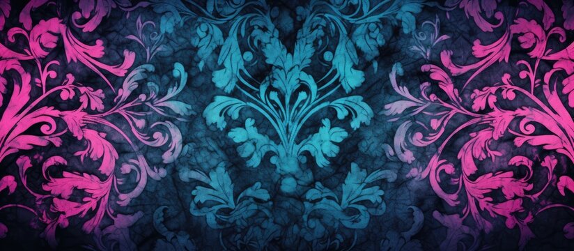 Distressed damask pattern in blue and pink colors on black background.