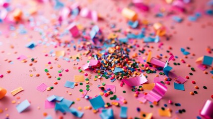 Vibrant confetti scattered on a cheerful pink background generative ai