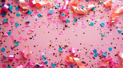 Fototapeta na wymiar Vibrant confetti scattered on a cheerful pink background generative ai