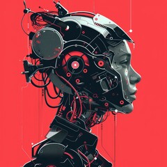 Futuristic robot head with red background - An abstract futuristic robot head with a striking red background, illustrating modern technological concepts