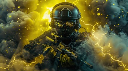 Futuristic soldier in combat gear with weapons - A soldier in advanced tactical armor stands amid smoke and sparks, exuding danger and readiness