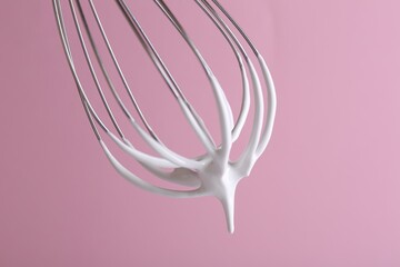 Whisk with whipped cream on pink background, closeup