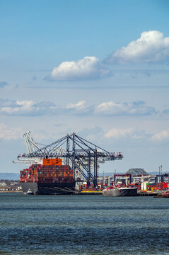 Manhattan port with colorful shipping containers and cranes