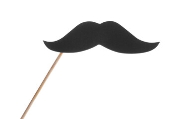 Fake paper mustache on stick against white background