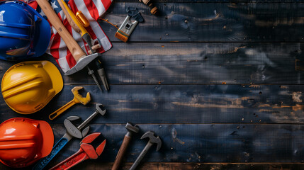 Labor day concept. American flag. Construction tools.