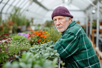 An elderly man is a farmer. Backdrop with selective focus and copy space