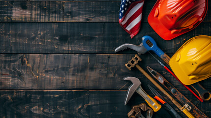 Labor day concept. American flag. Construction tools.