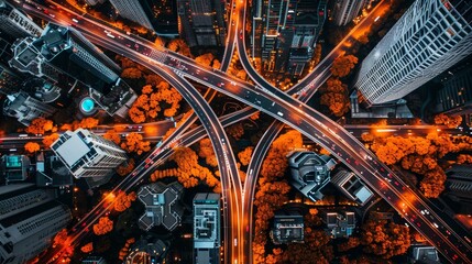 Aerial view of complex multilevel highway interchange in extensive expressway network