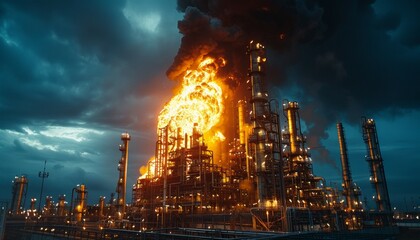 A large industrial plant is on fire with smoke billowing into the sky - obrazy, fototapety, plakaty