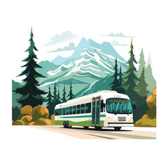 Bus over street with trees and mountains. vector il