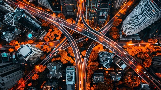 Aerial view of complex multilevel highway interchange in extensive expressway network