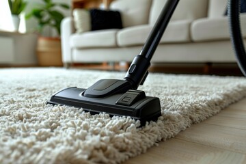 A black vacuum cleaner is on a white carpet in living room - obrazy, fototapety, plakaty