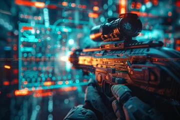 Foto op Canvas A person is holding a gun in a futuristic city © top images