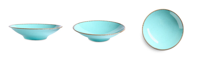 Clean turquoise plate isolated on white, top and side view