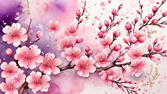 watercolor Sparkling plum blossom background, motion