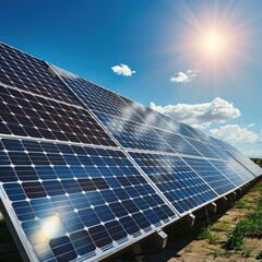 Photovoltaic solar panels under the bright sun - Modern solar energy farm with rows of photovoltaic panels against a sunny blue sky, reflecting sunlight - obrazy, fototapety, plakaty