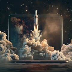Rocket launch from a laptop screen - A majestic space rocket launching from a laptop portraying ambitious startups and technological breakthroughs