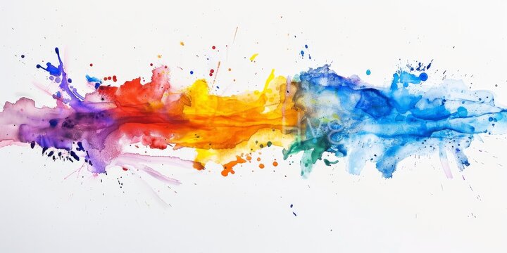 Dynamic watercolor splash with a spectrum from warm to cool hues across a white backdrop, embodying energy and fluidity.