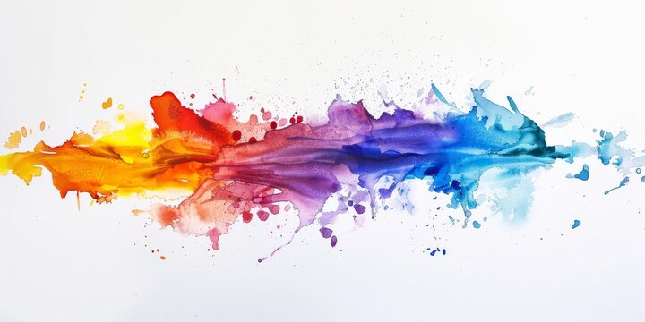 Dynamic watercolor splash with a spectrum from warm to cool hues across a white backdrop, embodying energy and fluidity.