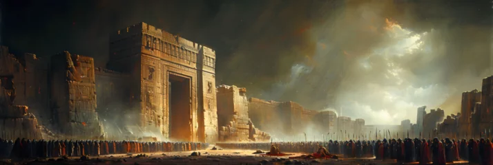 Foto op Canvas The Gates of Troy and the Trojan Horse, Epic egyptian inspired temple concept art painting  © Ajay