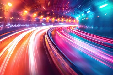 Vibrant light trails in underground tunnel - A vivid display of colorful light trails in a tunnel captures the essence of motion and speed