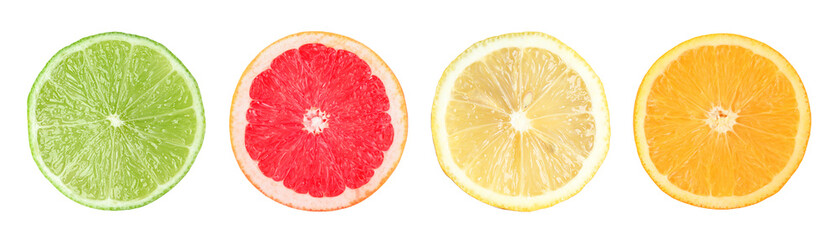 Citrus fruits. Cut fresh lemon, grapefruit, lime and orange isolated on white, top view - obrazy, fototapety, plakaty