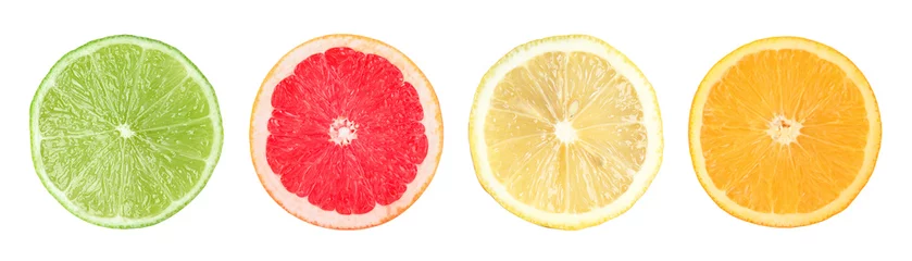Poster Citrus fruits. Cut fresh lemon, grapefruit, lime and orange isolated on white, top view © New Africa