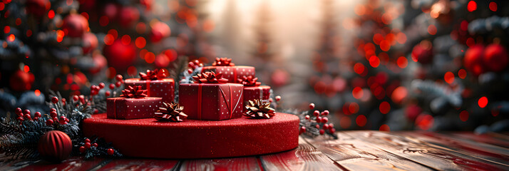 A red round podium dais with presents around it,
Red christmas decorations and gifts on table, blurred lights.
 - obrazy, fototapety, plakaty