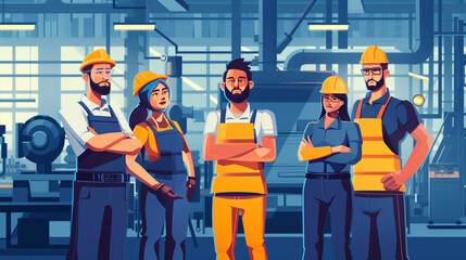Worker stand together in factory. Labor day concept.