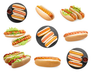 Tasty hot dogs with ketchup and mustard isolated on white, set