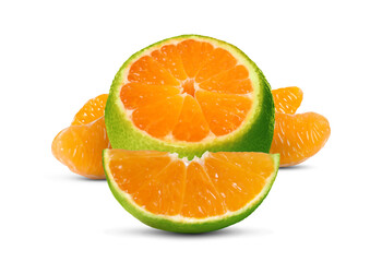 Fresh green tangerines isolated on white. Citrus fruit
