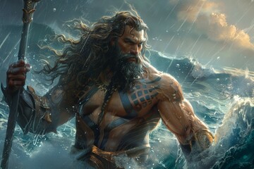 A man with long hair and a beard is standing in the ocean, holding a sword - obrazy, fototapety, plakaty