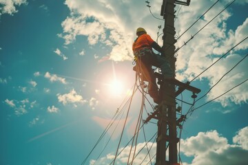 A man in an orange safety vest is working on a power line - obrazy, fototapety, plakaty