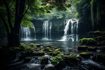 Tranquil Forest Waterfall in the Wilderness With Green Trees and Mossy Rocks Surrounded by Lush Greenery Creating a Serene Atmosphere Perfect for Relaxation and Meditation