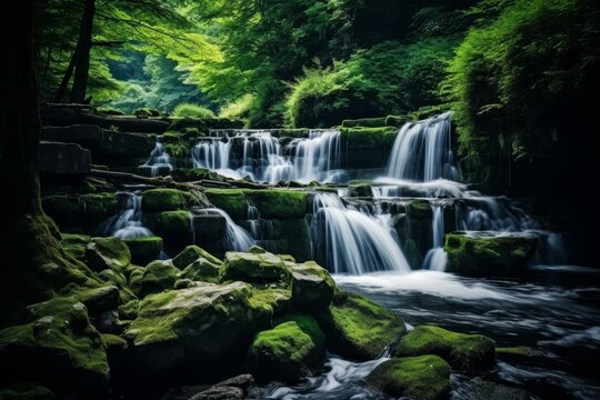 Serene and tranquil scene of a small, enchanting waterfall nestled in a lush green forest, surrounded by moss-covered rocks. The pristine beauty of nature captured in this high-quality photograph