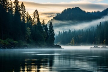 A serene morning scene of a misty lake with reflection of coniferous trees in calm water. Foggy sky with rising sun behind hills. Ideal for backgrounds or travel brochures. - obrazy, fototapety, plakaty