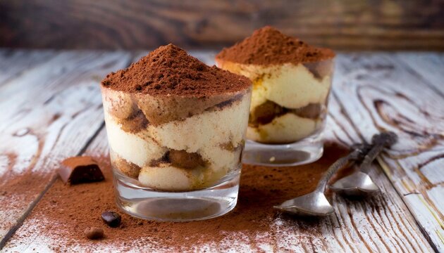 Tiramisu (Tiramisù). Italian dessert. Mascarpone cream. Coffee. Ladyfingers. Cocoa. Wooden background.