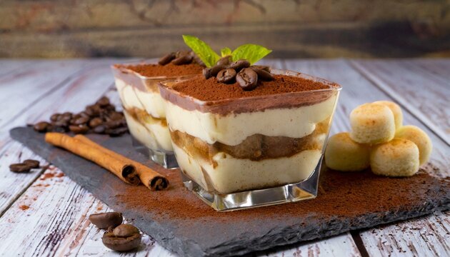 Tiramisu (Tiramisù). Italian dessert. Mascarpone cream. Coffee. Ladyfingers. Cocoa. Wooden background.