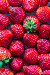 A top down view of a group of freshly picked ripe strawberries.